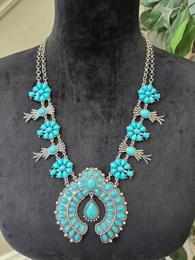 Turquoise Blue Floral Beaded Squash Blossom Style Silver Tone Necklace